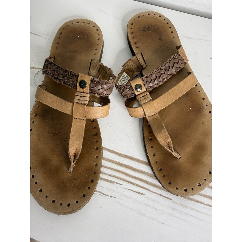 UGG Women’s Leather Thong Sandals Brown Tan Braided Boho Size US 9